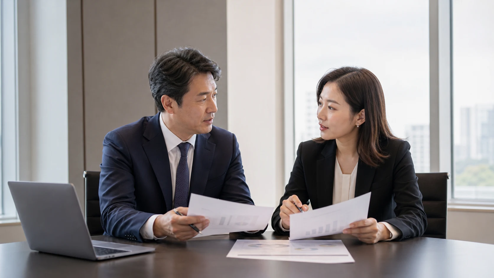 회의실에서 한국인 남녀 담당자가 제안서 두 부를 놓고 비교하며 대화하는 모습